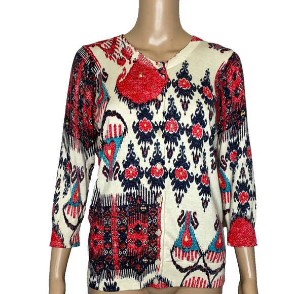 Women's Medium Talbots Abstract Ikat Patterned Cotton Blend Cardigan Sweater - Picture 1 of 4